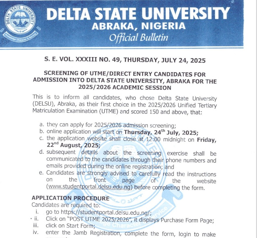 2025/2026 Post UTME Screening